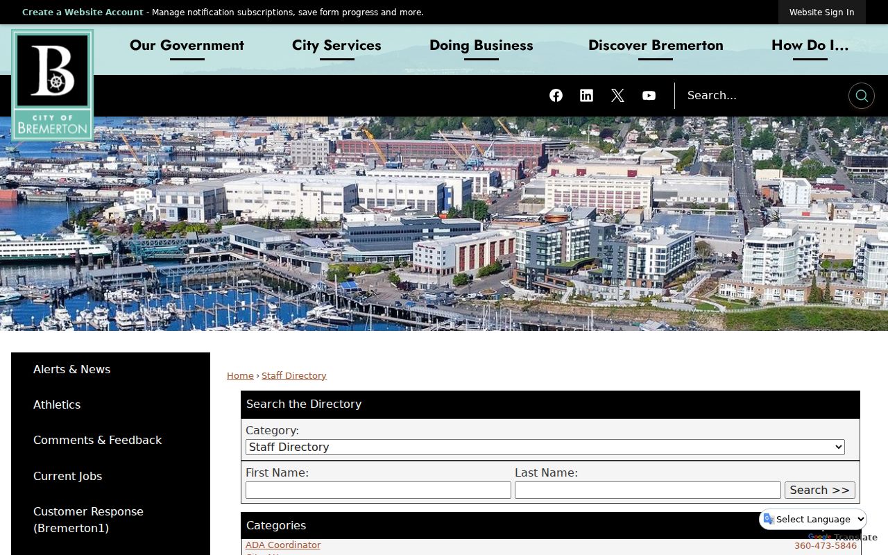 City of Bremerton staff directory search with category and name fields