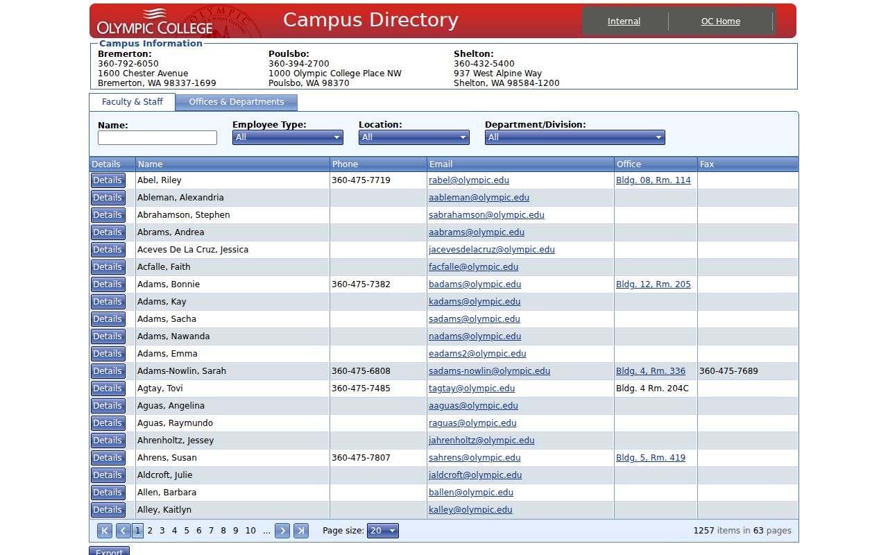 Olympic College online directory filters for name, employee type, location, and department