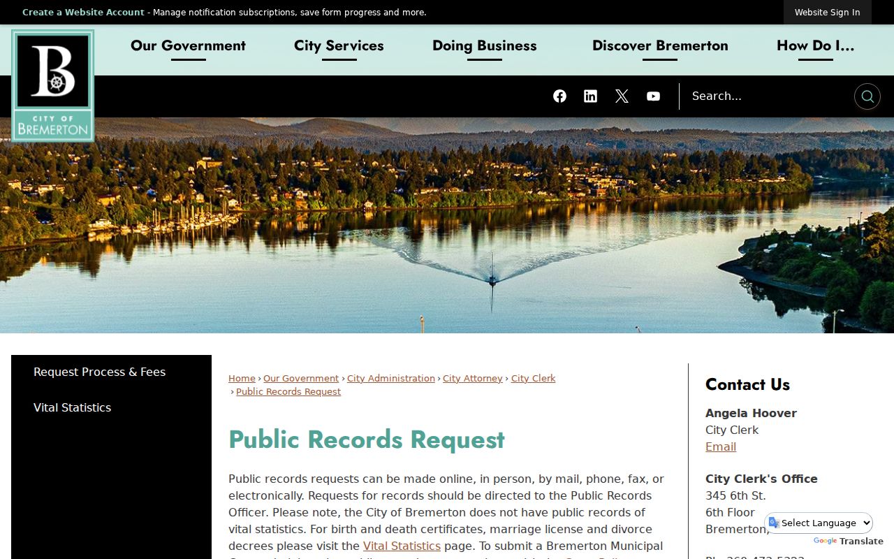 Bremerton public records request channels and City Clerk contact information